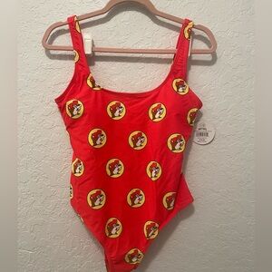 Bucees 1 Piece Swimsuit Womens Size XS Red Yellow Beavers Padded Low Back Beach
